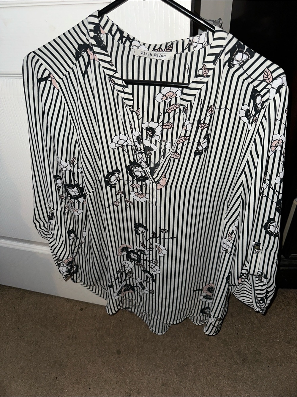 Black Rainn Black & White Striped Floral V-Neck Tunic with Pink Accents